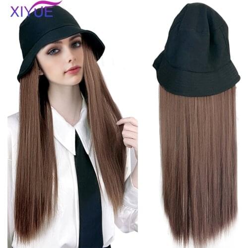 High Temperature Fiber Synthetic Knitted Fisherman Bucket Hat Long Straight Wig Adjustable Natural Fake Hair for Women Sun Hat