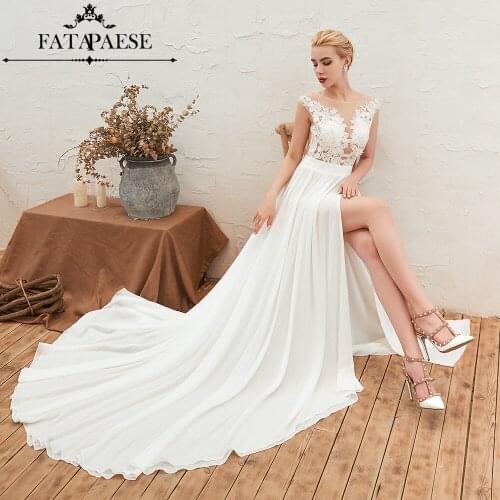 Real photos Boho Wedding Dresses 2019 Mariage O-neck Bridal Gown With High Split Applique Button Back Sleeveless Wedding Gowns