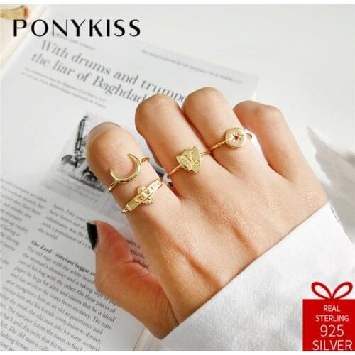 PONYKISS Trendy 100% 925 Sterling Silver Adjustable Opening Shield Moon Star Letter Ring Jewelry Women Birthday Engagement Party