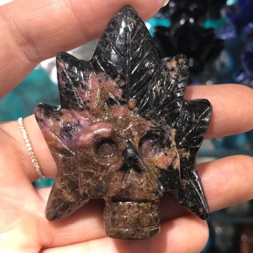 Natural crystal stone carving Indian chief skull, meditation reiki, household decoration