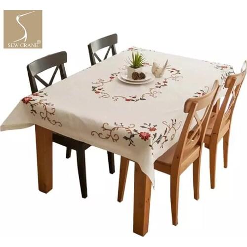 SewCrane Beautiful Hand-embroidered Tablecloth Flowers Vine Decorative Linen Tablecloth
