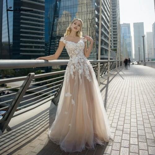 Floral Lace Appliques Champagne Wedding Dress 2021 Robe Manche Longue Lakshmigown Secy Bridal Beaded Beach Wedding Dresses