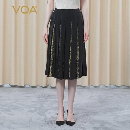VOA 40m/m Silk Heavy Black Natural Waist Yarn-dyed Jacquard Stitching Fold Big Pendulum Elegant Women Skirt Summer 2021 CE75