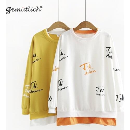 GEMUTLICH Women Big Size Letter Print Hoodies Fake Two Pieces Casual O-Neck Collar Pullover Sweatshirt Loose Autumn Winter Top