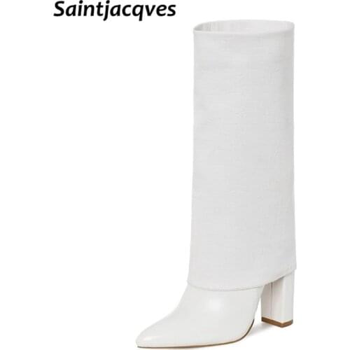 2020 Fashion Women Boots Flock Leather Heel Womens Boot Autumn Winter Loose Shoes Female Black Booties Knee High Boots 34-42