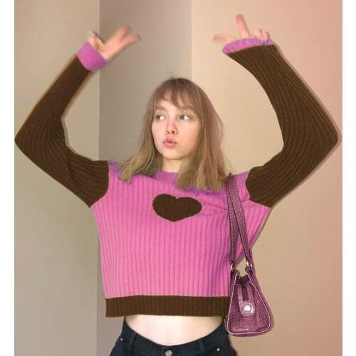 Heart Patchwork Kawaii Cute Knitted Sweater Women Autumn Thin Long Sleeve Jumpers Green Y2K 2000s Pullover Knitwear