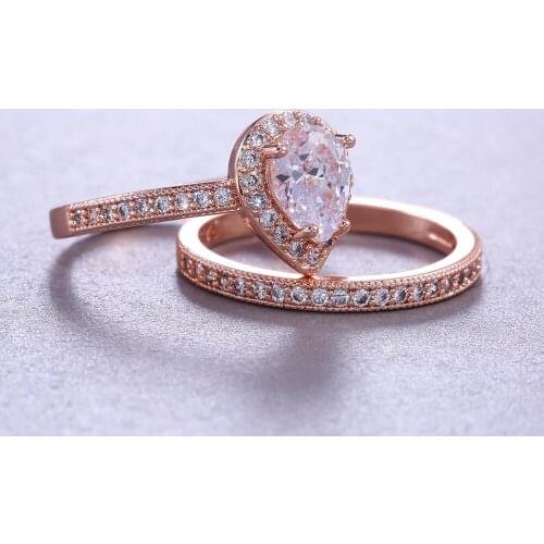 CAOSHI 2Pcs Drop Shape Cubic Zirconia Bridal Ring Romantic Couples Jewelry Set Rose Gold Color Band Womans Daily Wear Hot Sale