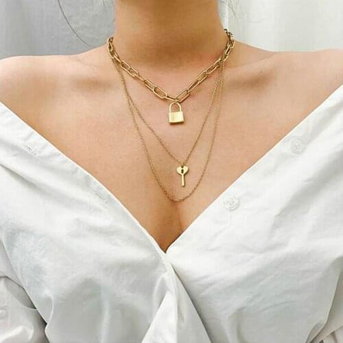 Fashion Multi Layered Heart Key Lock Pendant Necklace for Women Punk Gold Color Thick Chain Necklace Choker Statement Jewelry