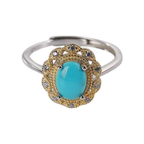 S925 sterling silver gold plated Inlay Natural turquoise Ring Personality Fashion Temperament Ladies Open ring
