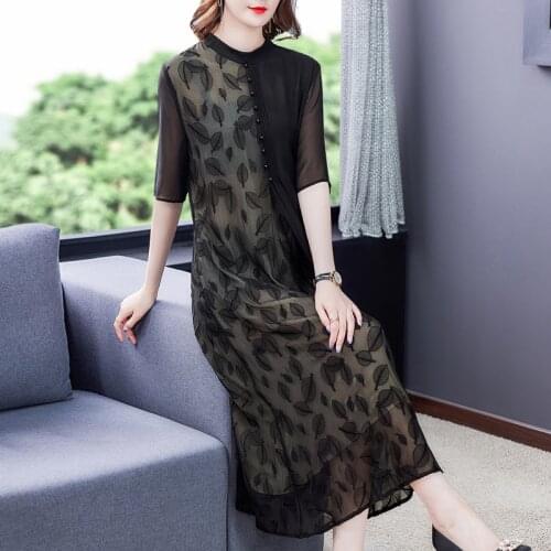 Summer Casual 4XL Plus Size Mulberry Silk Midi Dress 2021 Vintage Floral Embroidery Maxi Dresses Women Elegant Bodycon Vestidos