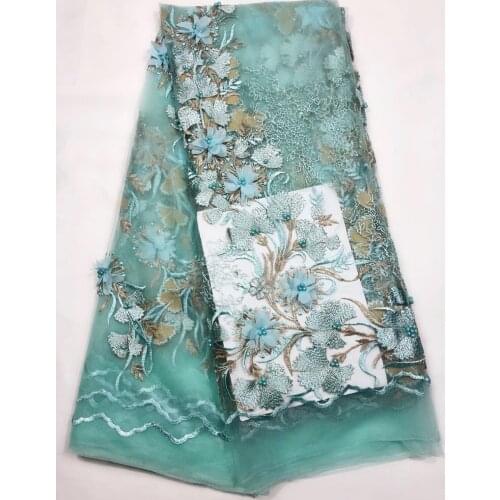 5yards/pc) beautiful aqua green African French net lace fabric 3D flowe and fine embroidery beads for graceful dress FL3945