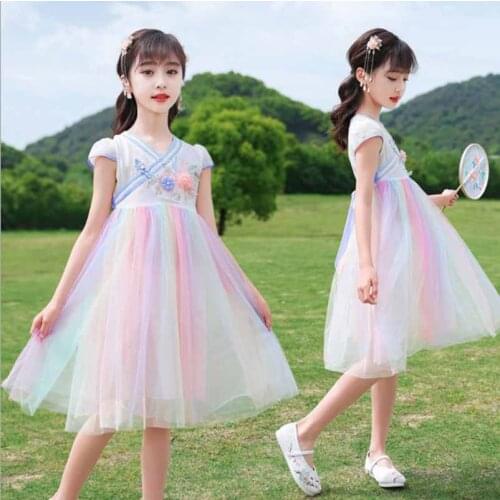Cultiseed Baby Summer Vintage Chinese Style Embroidery Floral Patchwork Color Mesh Hanfu Dress Childen Kids Cute Casual Gowns