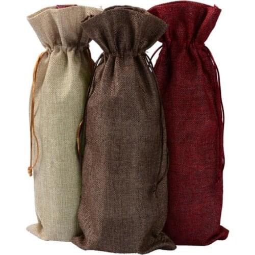 Jute Wine Bags Champagne Bottle Covers Burlap Gift Drawstring Packaging Bag Wedding Party Decoration LX7116