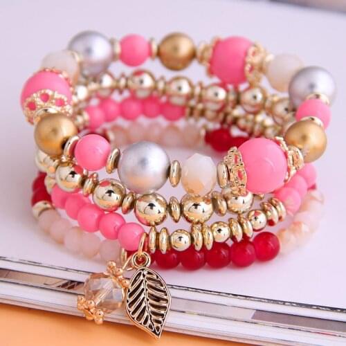 European and American versatile with gorgeous beads bracelet for women metal leaves and multi-layer jewellery accessories gift
