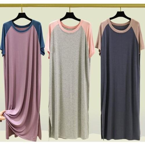 Summer Stitching Dress Female Loose Modal Short Sleeve Long Skirt Base Skirt Thin Nightgown Pajamas Nightshirt Sleepwear Women