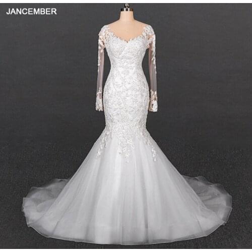 LSDZ09 JANCEMBER Cheap Beading Crystal Luxury Mermaid Tulled Wedding Dress 2020 Long Sleeve Lace Up Back Appliques