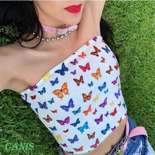 Summer Women Butterfly Print Tube Top Fashion Vest Sexy Strapless Wrap Chest Tube Top Elastic Safety Underwear Tanks