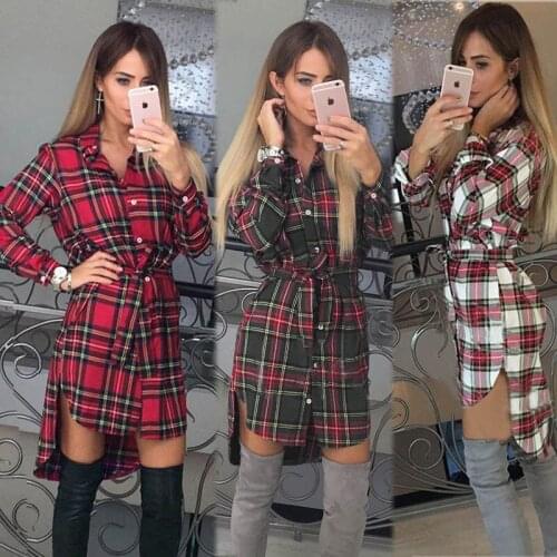 Fashion Plaid Shirt Womens 2021 Autumn and Winter New Long-sleeved Lace-up All-match Long Shirt Dress