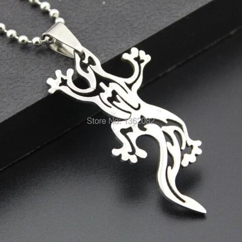 Fashion Boy Mens Jewelry Silver Tone Stainless Steel Hollow Design Lizard Charm Pendant Necklace Gift MN293
