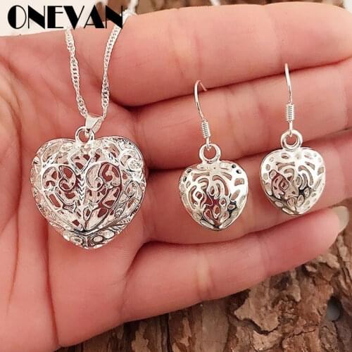 Women Silver Hollow Heart Jewelry Sets Fashion Earrings Necklace Kit Elegant Charm Retro Exquisite Heart Shape Pendant Jewellery