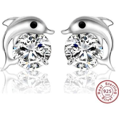 New Double Dolphin Bling Crystal Women Stud Earrings Party silver color Animal Ear Jewelry For Girl Gift Brinco Aros