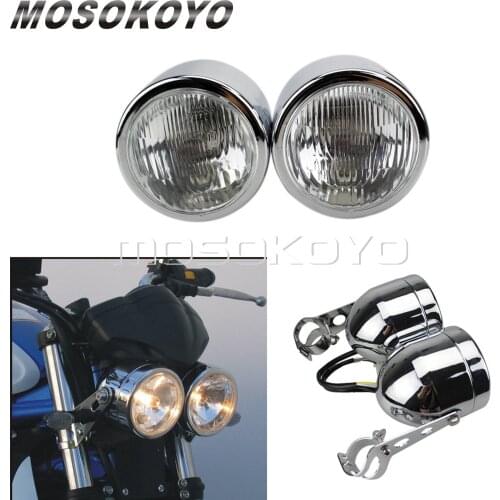 Custom Fighter Motorcycles Headlight Dual Twin Head Light for Honda Yamaha Suzuki Harley Cafe Racer W/ 25-38mm Bracket