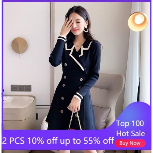 Dress For Women 2021 Spring And Autumn French Style Retro Vintage High Waist Slimming A- Line Long Sleeve Knitted Dress