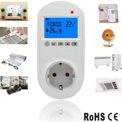 Programmable Plug in Thermostat European Socket Underfloor Heating Film Cable Mat Wall Heater Oil Windows Air Conditoner