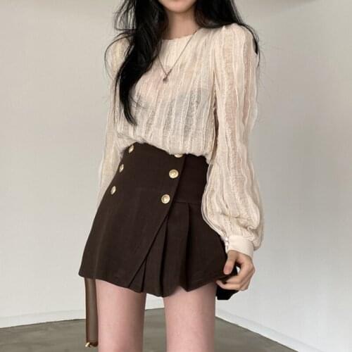 Shirt spring and autumn simple and versatile temperament lace lantern sleeve retro blouse female