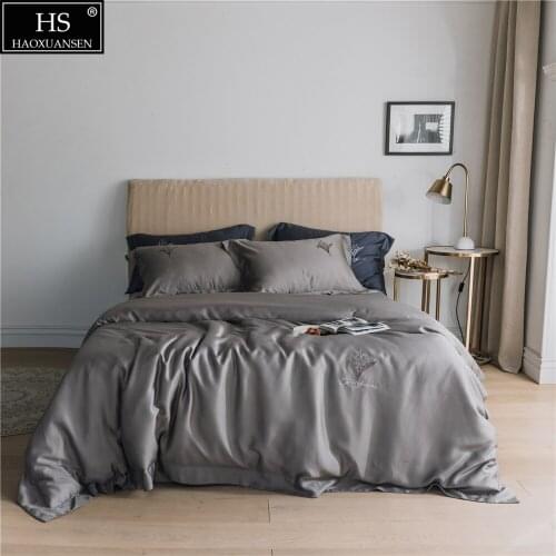 Calm Dark Grey 4Piece Bedding Sets Tencel Lyocell Silky Soft Pillowcase Quilt Duvet Cover Bed Sheet Delicate Hot Drilling Orchid