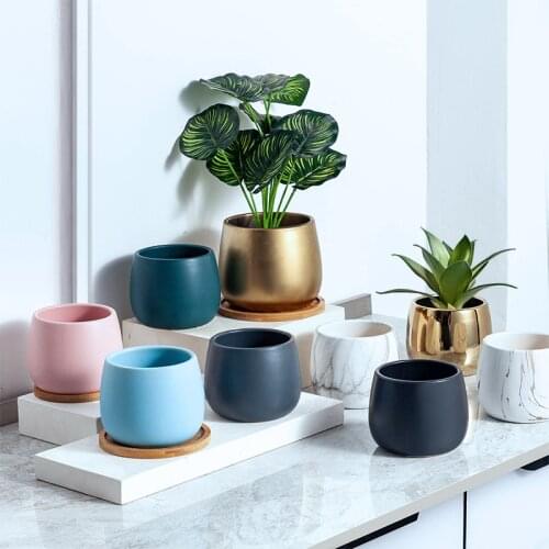 Modern Ceramic Flower Pot Electroplating Golden Marbled Plant Potted Planter Round Flower Pot Hydroponic Succulent Small Vases