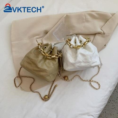 Fashion Women Lattice Pattern PU Leather Crossbody Bag Ladies Casual Drawstring Thick Chain Solid Color Mini Purse Handbags