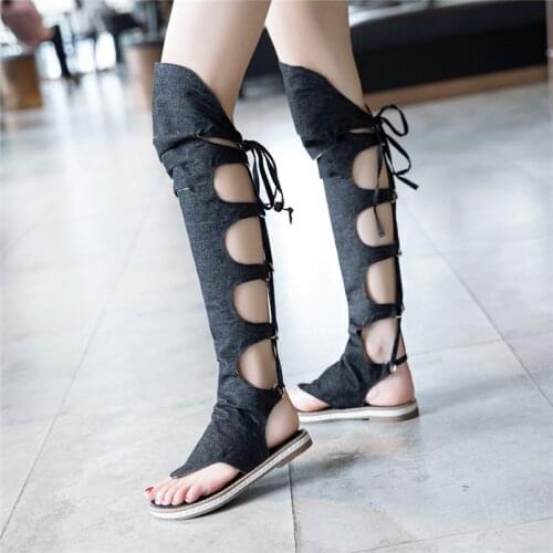 Gladiator Sandals Women Knee High Casual Flat Sandals Lace Up Open Toe Ladies Summer Boots Shoes Plus Size Sandalia Feminina