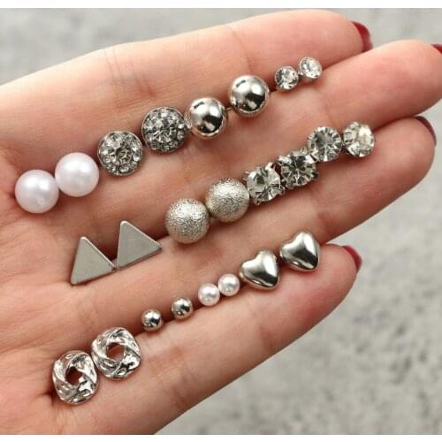 12paris/set multi Shaped Pearls Crystals Metals Mini Stud Earring Packs