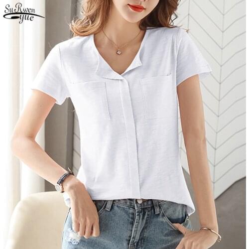 2021 Summer V-neck Cotton T-shirt Women Casual Solid Color Pockets T-shirt Oversized Vintage Tops Female Clothing Blusas 13772