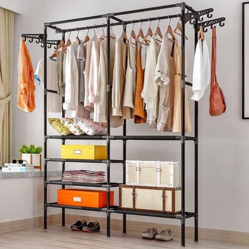 5 Tier Garment Rack Clothes Drying Rack Multi-Functional Bedroom Hanger Coat Rack Top Rod Organizer Hook and Lower Storage Shelf