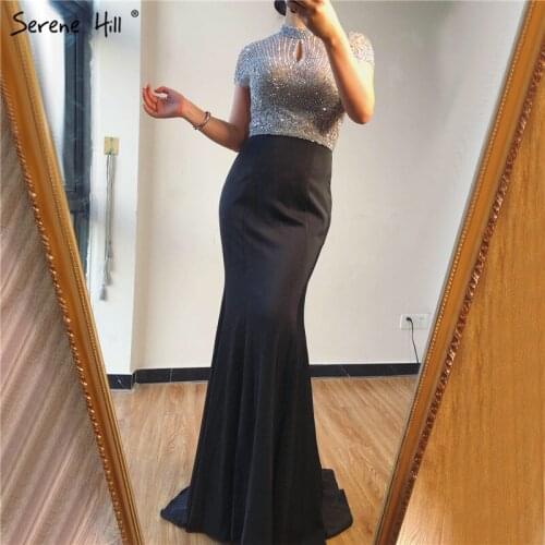 Serene Hill Black High Neck Satin Mermaid Evening Dress 2020 Beadings Crystal Short Sleeves Sexy Formal Party Gown CLA70162