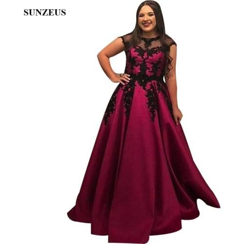 Long Fuchsia Evening Dress With Black Lace Appliques A-line Cap Sleeve Satin Formal Party Dresses Women Gowns