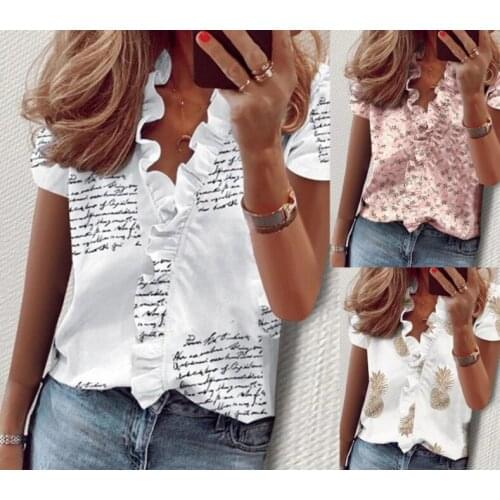 Womens V Neck Ruffle Short Sleeve T Shirt Ladies Star Print Shirts Tops New Fashion