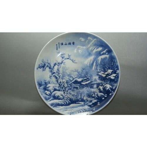 Delicado hermoso paisaje de nieve China azul y blanco Placa de porcelana