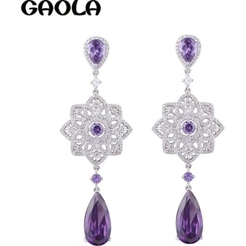 GAOLA New Arrival Fancy Purple Flower Cubic Zirconia Dangle Earring Romantic Wedding Jewelry GLE6560
