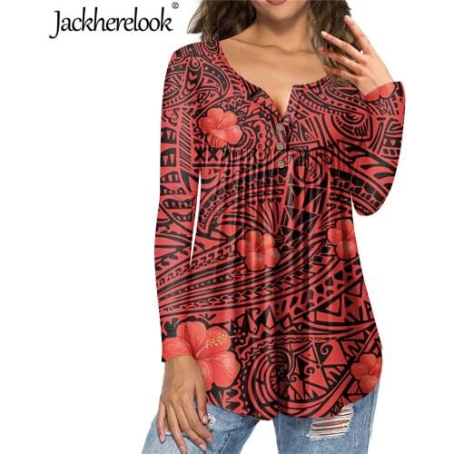 Jackherelook Female Clothing Shirts Long Sleeve Top for Teen Girls Vintage Red Polynesain Tattoo Floral Print Blouse Plus Size