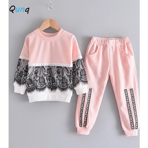 Qunq Girls Clothing Set Spring Fall Sportswear Lace Flower Sweatshirt Long Pant 2 Piece Kids Suits for Girls Children Tracksuits