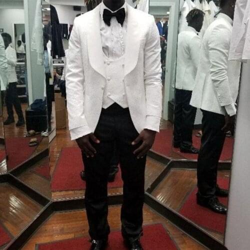 Men Suits White Pattern and Black Groom Tuxedos Shawl Satin Lapel Groomsmen Wedding Best Man ( Jacket+Pants+Vest+Tie ) C936