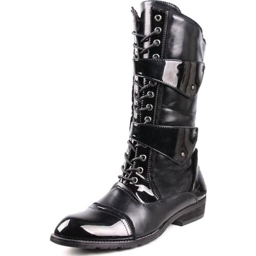 Spring Autumn Steampunk Men Mid-Calf Leather Boots Lace Up Rome Motorcycle Boots Thick Sole Buckle Cowboy Long Botas Size 38-45