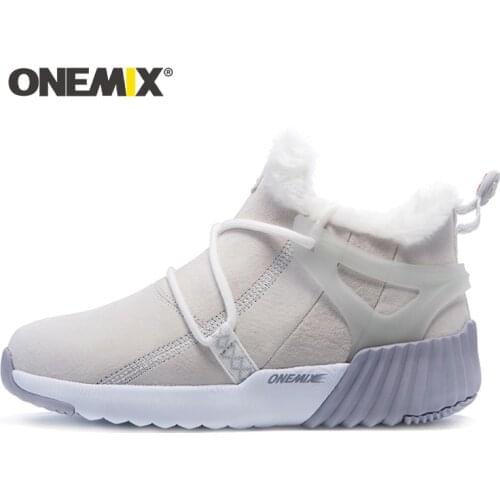 ONEMIX Leather Men Boots Winter With Fur 2020 Warm Plush Waterproof Ankle Snow Boots High Top Men Sneakers Couple Hiking Shoes