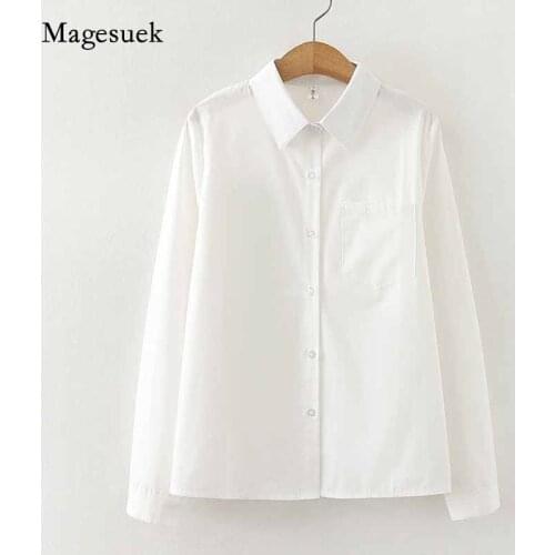 Autumn Cotton Ladies Tops with Pockets Long Sleeve All-match Bottoming Shirt Sweet Loose Solid White Cardigan Women Blouse 12403