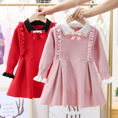 Girls' Dress Spring and Autumn Dress 2021 New Korean Style Ruffled Lapel Knitted Princess Dress Baby Foreign Style Sweater Dress