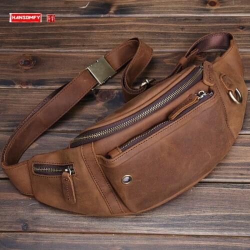 Cowhide Leather Waist Bag Mens Chest Bag Large Capacity Crazy Horse Leather Crossbody Bag Mobile Phone Bag Retro Casual Packs