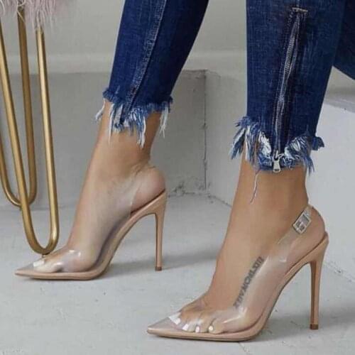 Women sandals PVC Buckle Strap 12cm Thin Heels High heels Pointed Toe women shoes sandalias mujer 2020 size 35-42